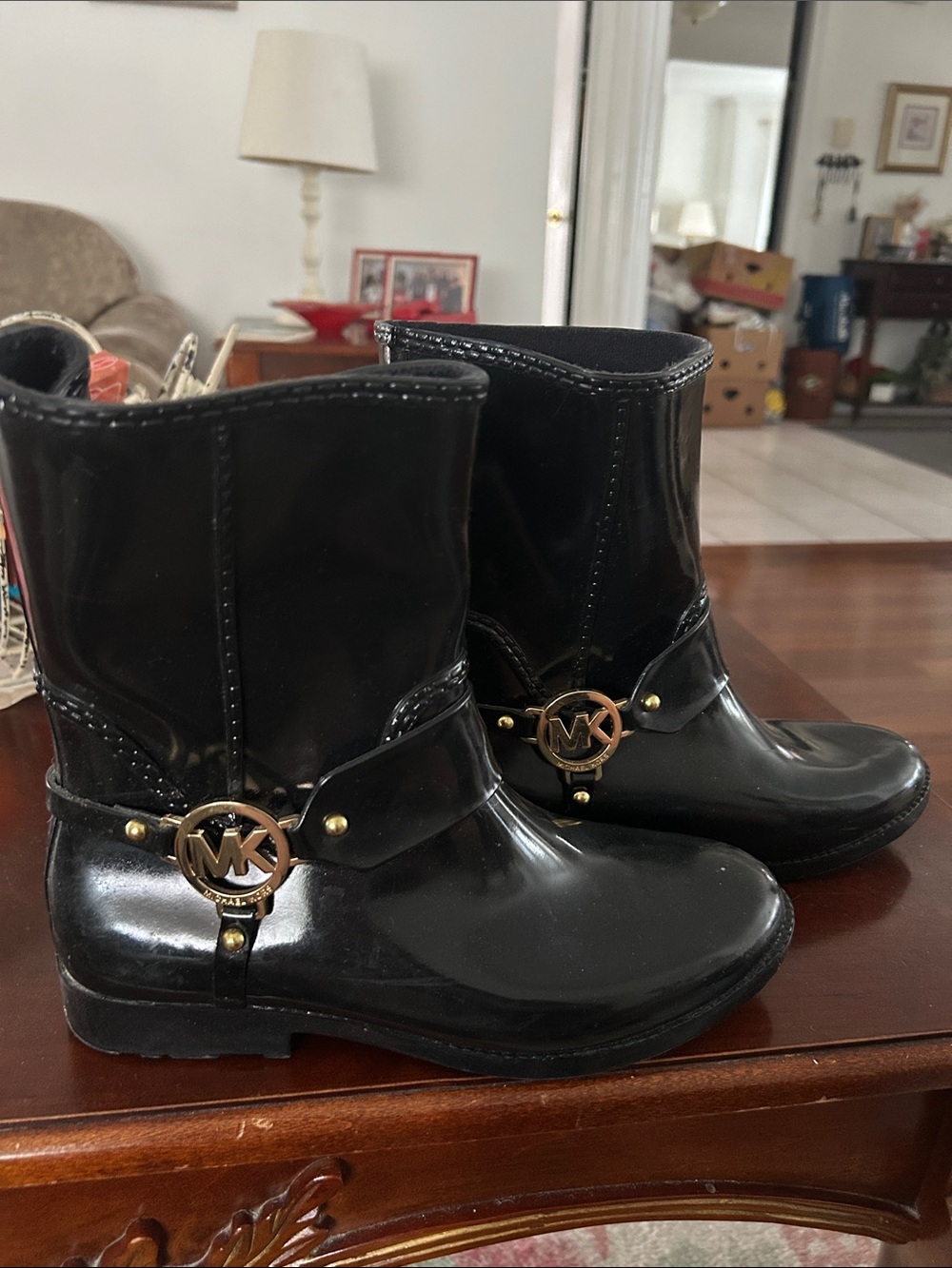 Michael Kors Black Glossy Mid-Calf Rain Booties with Gold MK Accent